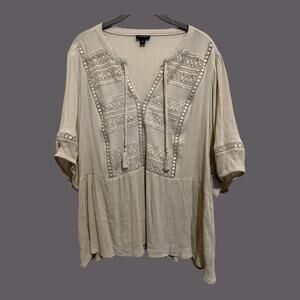 Torrid Peasant Lace Accents Crinkle Gauze Light Beige Flowy Top Boho Size 1X